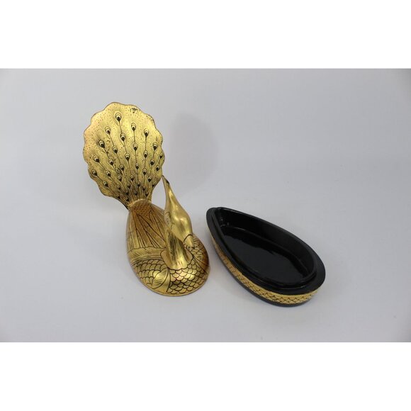Vintage Lacquer Peacock Box • Hand Painted Kashmiri Papier Mache • Gold Black De - Picture 3 of 15